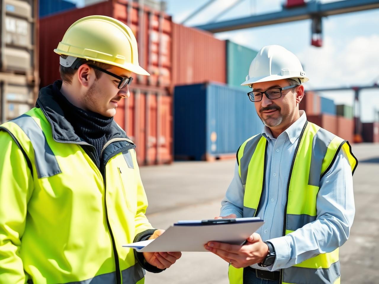 Cheva Logistics team inspecting cargo documents in a container yard